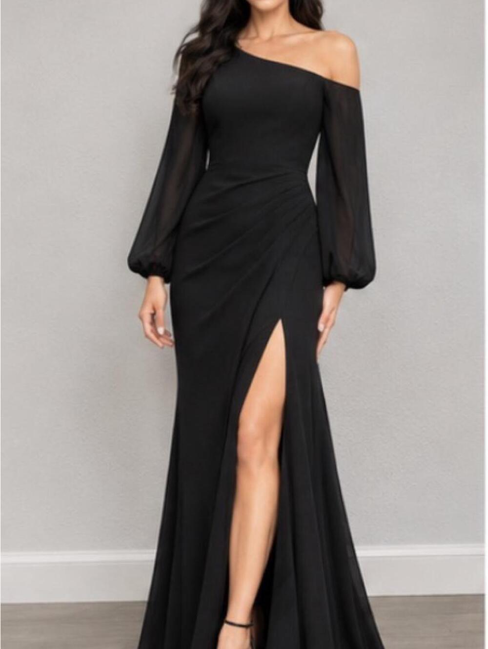 NWT JJ’s House Black Chiffon Maxi Dress US 6 Square Neck Bishop Sleeve Formal